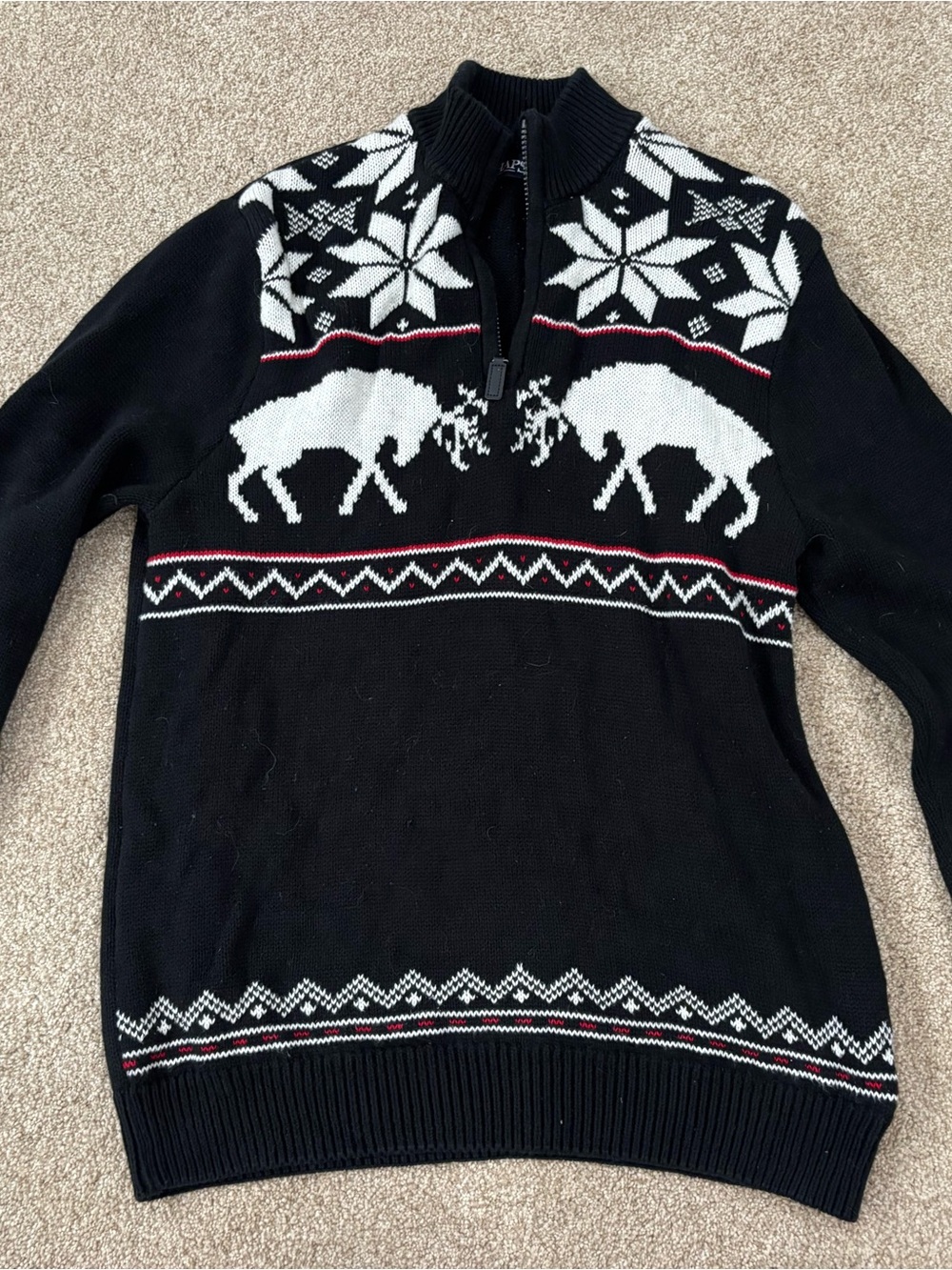 Chaps Black Nordic Zip-Up Sweater with White Reindeer